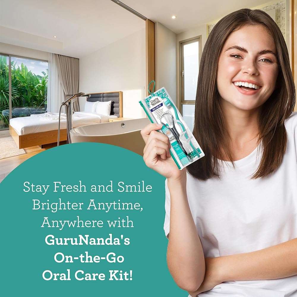 GuruNanda Travel-Friendly Oral Care Kit- 1 Butter on Gums Toothbrush, 1 Tongue Scraper, 4 Dual-Action Floss Picks, 1 Coconut & Mint Oil Pulling Sachet - Image 7