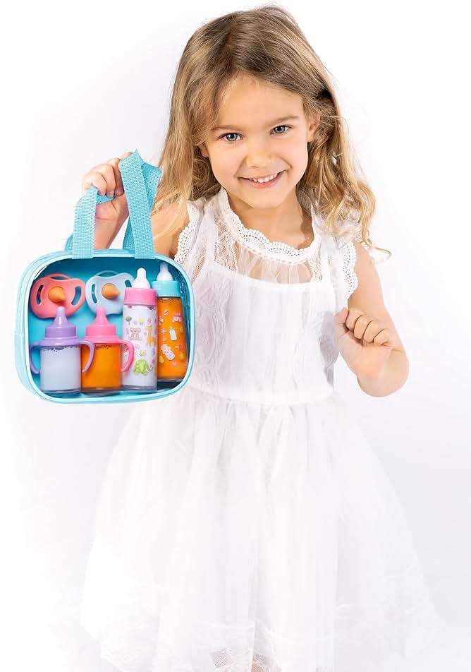 fash n kolor My Sweet Baby Disappearing Doll Feeding Set, Baby Care 6 Piece Doll Feeding Set - for Toy Stroller | 2 Milk & Juice Bottles with 2 Toy Pacifier for Baby Dolls (Blue) - Image 2