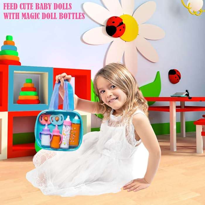 fash n kolor My Sweet Baby Disappearing Doll Feeding Set, Baby Care 6 Piece Doll Feeding Set - for Toy Stroller | 2 Milk & Juice Bottles with 2 Toy Pacifier for Baby Dolls (Blue) - Image 4
