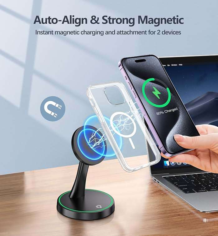 Magnetic Wireless Charger Stand 15W Fast Mag-Safe Charger for iPhone 17/17 pro/ 17 Air/ 17 pro max 16/15/14/13/12 Series Magnet Wireless Charging Station/Pad with Sleep-Friendly Light for AirPods - Image 6
