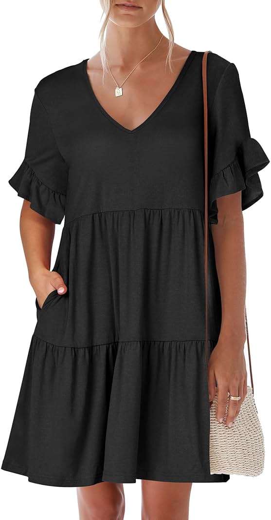 ANRABESS Dresses for Women Summer 2026 V Neck Ruffle Sleeve A Line Tiered Flowy Casual Trendy Mini Beach Dress with Pockets - Image 1