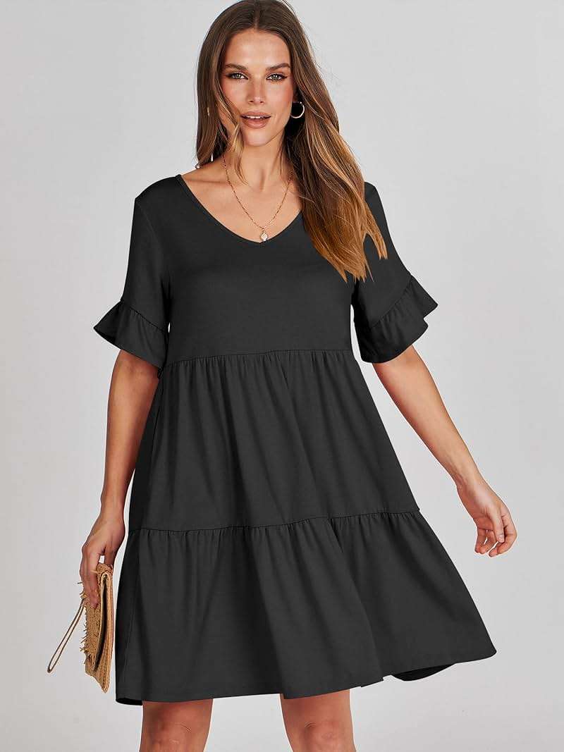 ANRABESS Dresses for Women Summer 2026 V Neck Ruffle Sleeve A Line Tiered Flowy Casual Trendy Mini Beach Dress with Pockets - Image 2