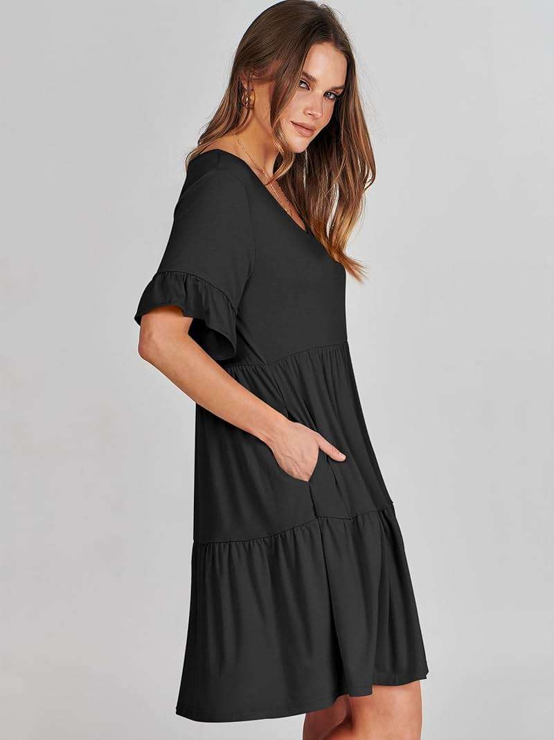 ANRABESS Dresses for Women Summer 2026 V Neck Ruffle Sleeve A Line Tiered Flowy Casual Trendy Mini Beach Dress with Pockets - Image 3