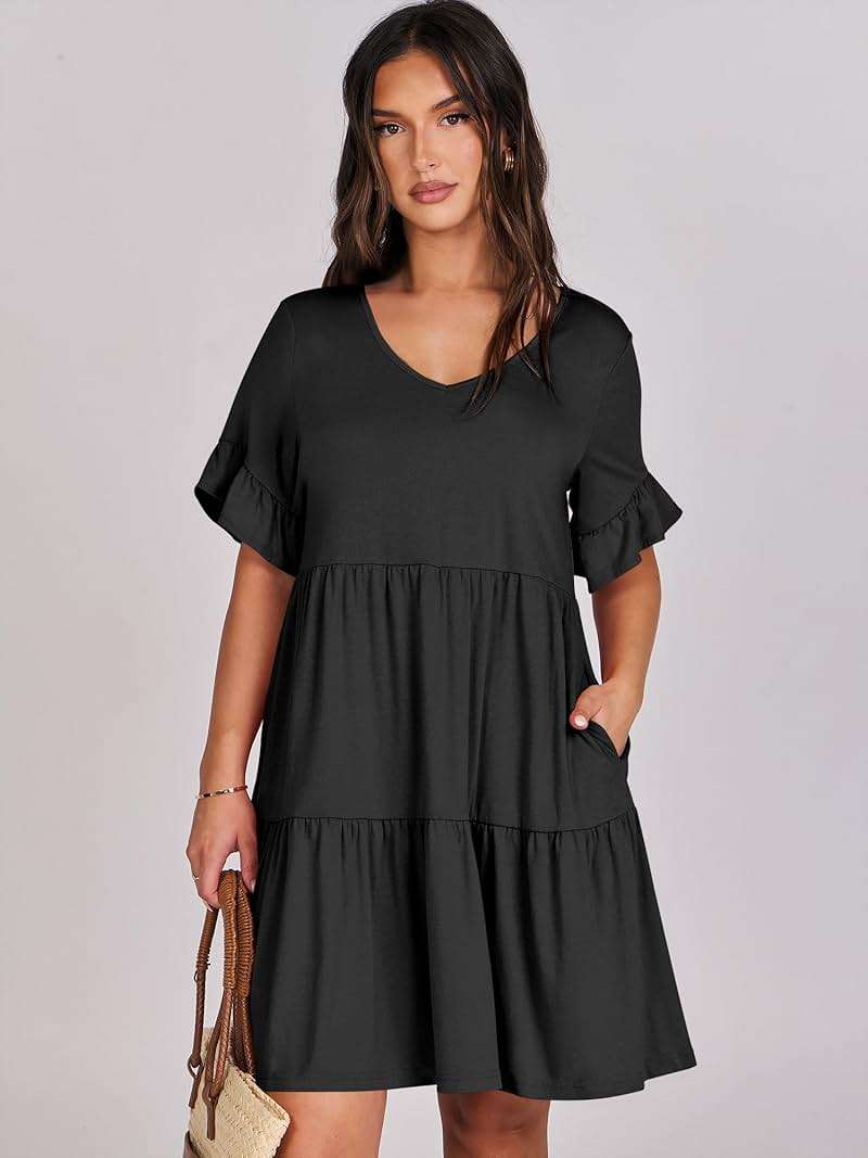 ANRABESS Dresses for Women Summer 2026 V Neck Ruffle Sleeve A Line Tiered Flowy Casual Trendy Mini Beach Dress with Pockets - Image 4