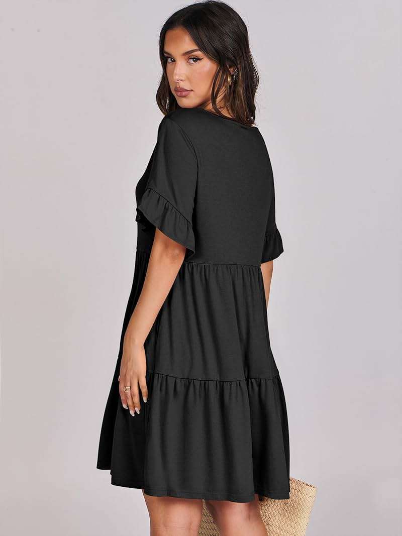ANRABESS Dresses for Women Summer 2026 V Neck Ruffle Sleeve A Line Tiered Flowy Casual Trendy Mini Beach Dress with Pockets - Image 5