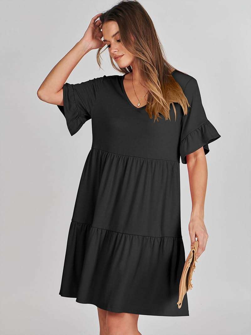 ANRABESS Dresses for Women Summer 2026 V Neck Ruffle Sleeve A Line Tiered Flowy Casual Trendy Mini Beach Dress with Pockets - Image 7