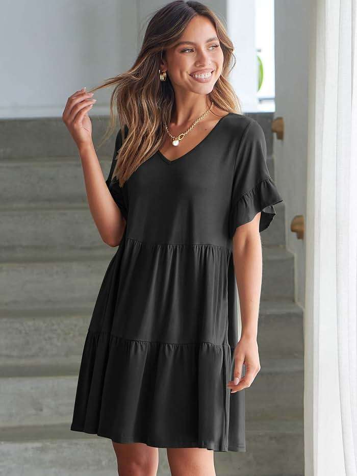 ANRABESS Dresses for Women Summer 2026 V Neck Ruffle Sleeve A Line Tiered Flowy Casual Trendy Mini Beach Dress with Pockets - Image 8