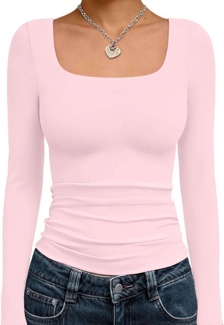 Trendy Queen Womens Square Neck Long Sleeve Double Lined Slim Fit Tops - Image 1