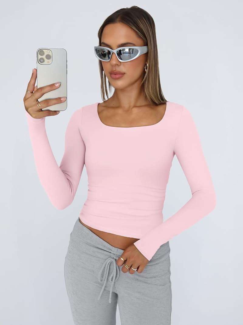 Trendy Queen Womens Square Neck Long Sleeve Double Lined Slim Fit Tops - Image 2