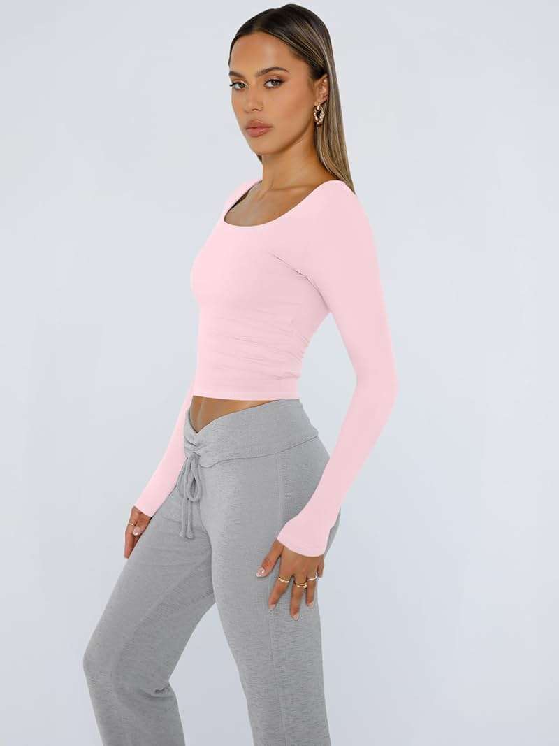 Trendy Queen Womens Square Neck Long Sleeve Double Lined Slim Fit Tops - Image 3