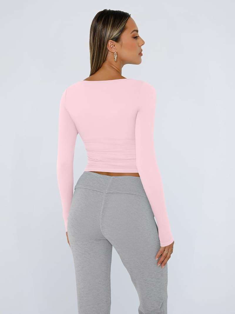 Trendy Queen Womens Square Neck Long Sleeve Double Lined Slim Fit Tops - Image 4