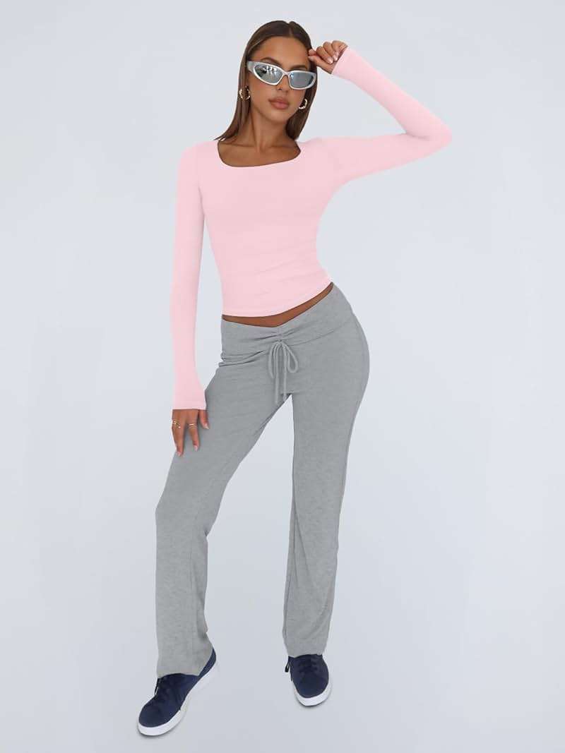Trendy Queen Womens Square Neck Long Sleeve Double Lined Slim Fit Tops - Image 8