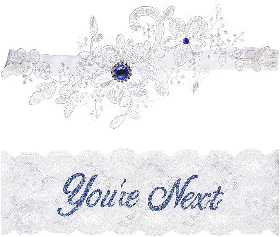 Lusofie 2Pcs Bridal Wedding Garter Rhinestones Blue Wedding Garter for Bride White Lace Floral You're Next Garters for Bride Women - Image 1