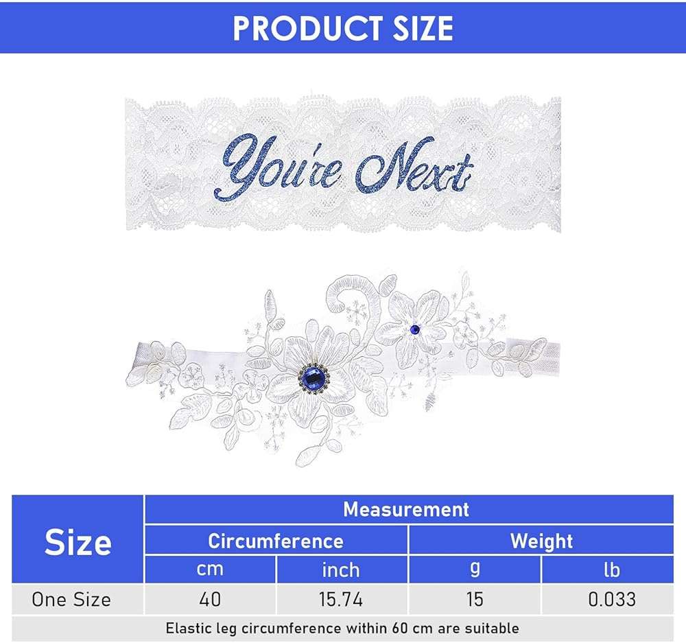 Lusofie 2Pcs Bridal Wedding Garter Rhinestones Blue Wedding Garter for Bride White Lace Floral You're Next Garters for Bride Women - Image 2