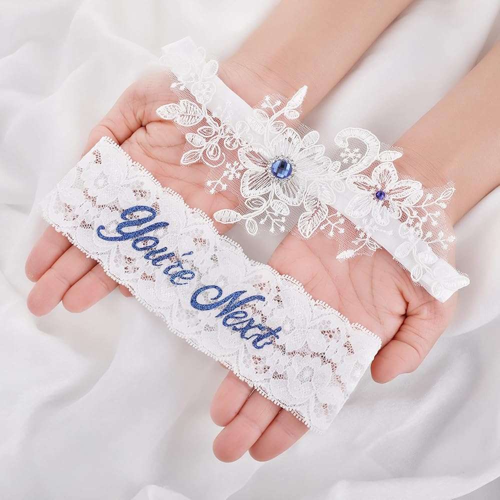 Lusofie 2Pcs Bridal Wedding Garter Rhinestones Blue Wedding Garter for Bride White Lace Floral You're Next Garters for Bride Women - Image 3