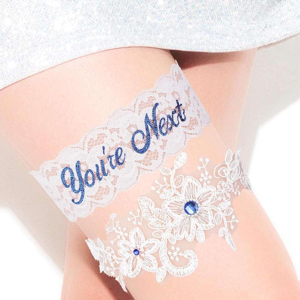 Lusofie 2Pcs Bridal Wedding Garter Rhinestones Blue Wedding Garter for Bride White Lace Floral You're Next Garters for Bride Women - Image 4