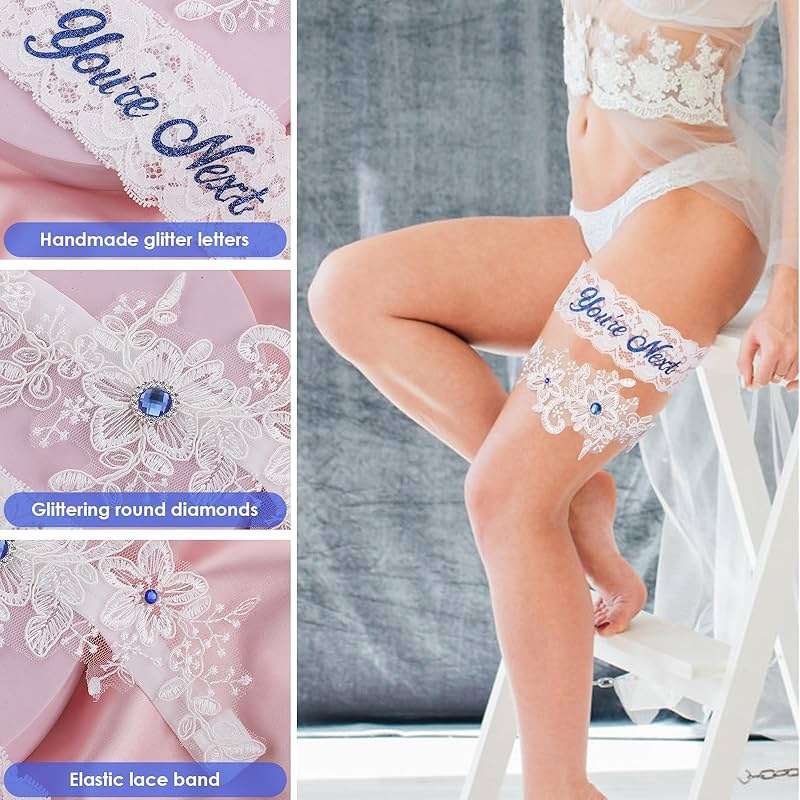Lusofie 2Pcs Bridal Wedding Garter Rhinestones Blue Wedding Garter for Bride White Lace Floral You're Next Garters for Bride Women - Image 6