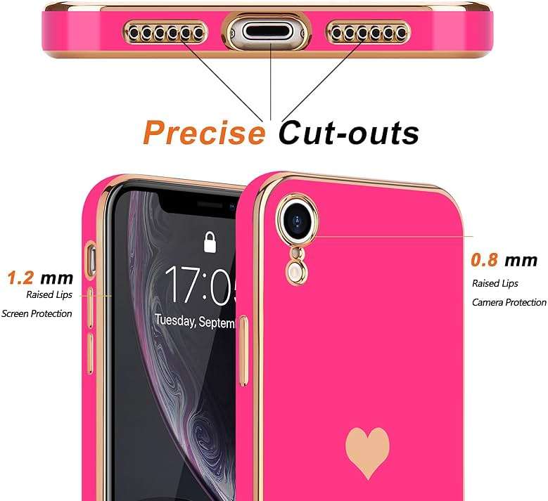 Teageo Compatible with iPhone Xr Case for Women Girl Cute Love-Heart Luxury Bling Plating Soft Back Cover Raised Full Camera Protection Bumper Silicone Shockproof Phone Case for iPhone Xr, Hot Pink - Image 2