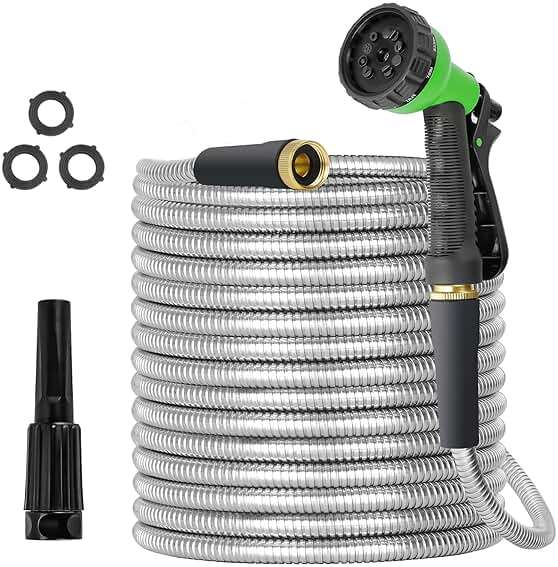 TVKB Garden Hose 100ft Stainless Steel Water Hose Super Tough Flexible Water Pipe with Brass Fittings and Sprayer Nozzle, No Kink, Rust Proof - Image 1