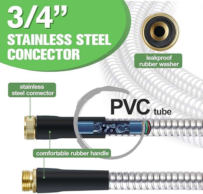 TVKB Garden Hose 100ft Stainless Steel Water Hose Super Tough Flexible Water Pipe with Brass Fittings and Sprayer Nozzle, No Kink, Rust Proof - Image 4