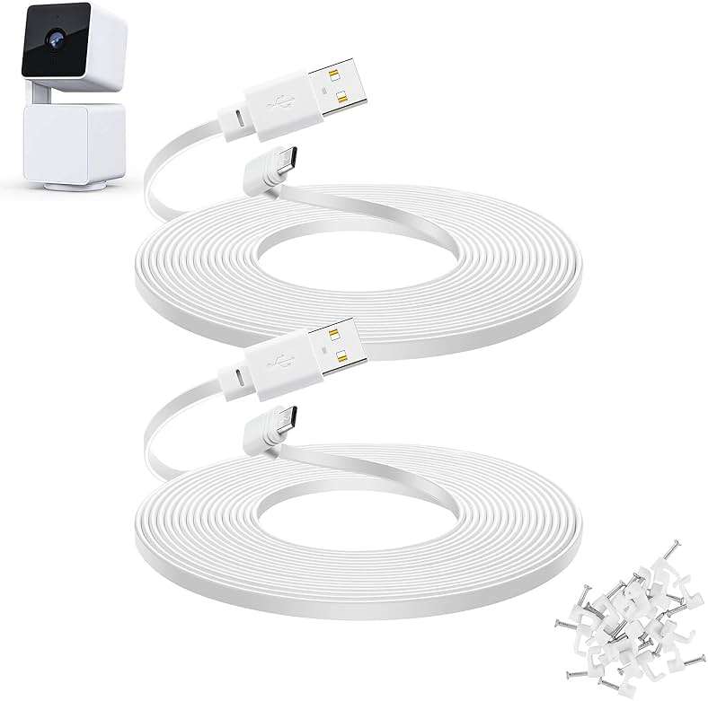 YEAOI 2-Pack 30 ft Extension Cable for WYZE Cam Pan V3 Outdoor Camera, Micro USB 90 Degree Power Adapter, Flat Cord, White - Image 1