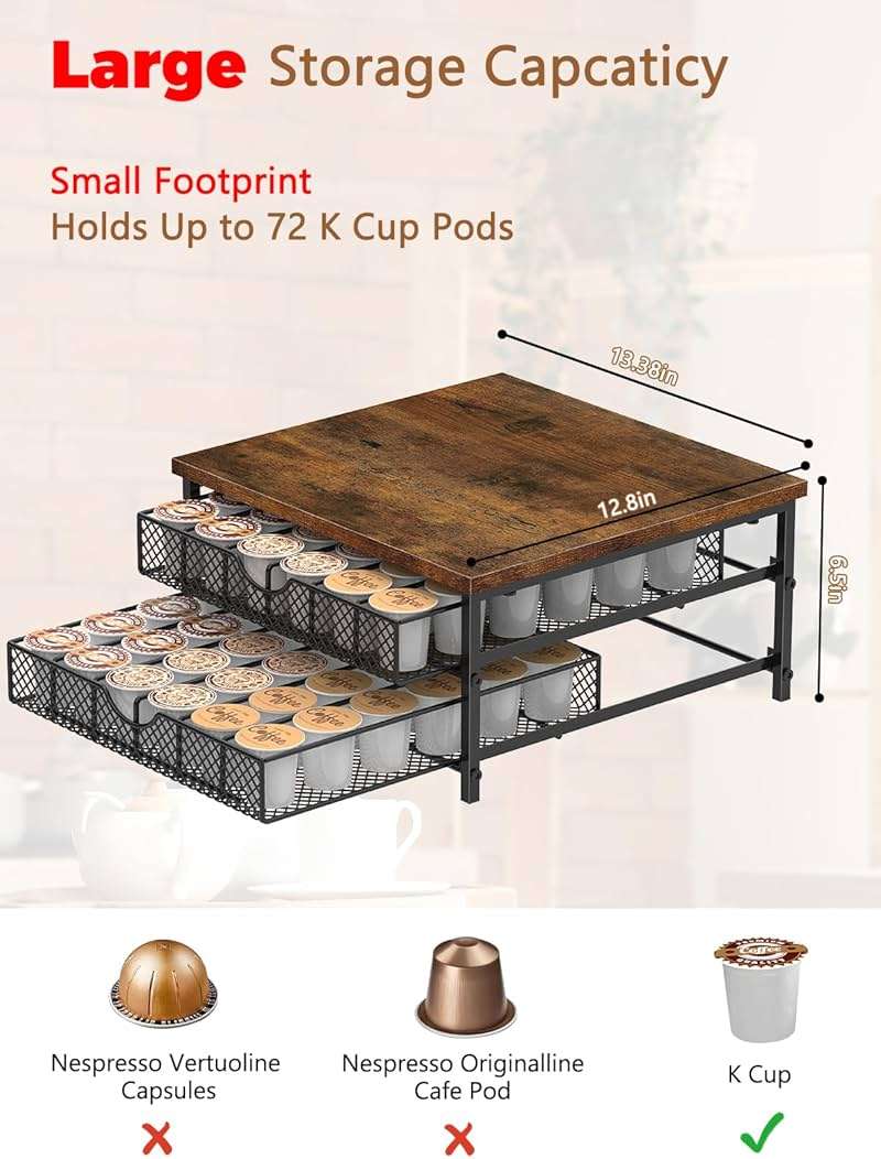 MOOACE Coffee Pod Holder for K Cup Holder Drawer Holder, Coffee Pod Drawer For Counter, 2 Tier K-Cup Storage With Sliding Baskets, 72 Capacity Pods Organizer Cups Capsule for Coffee Station, Black - Image 2