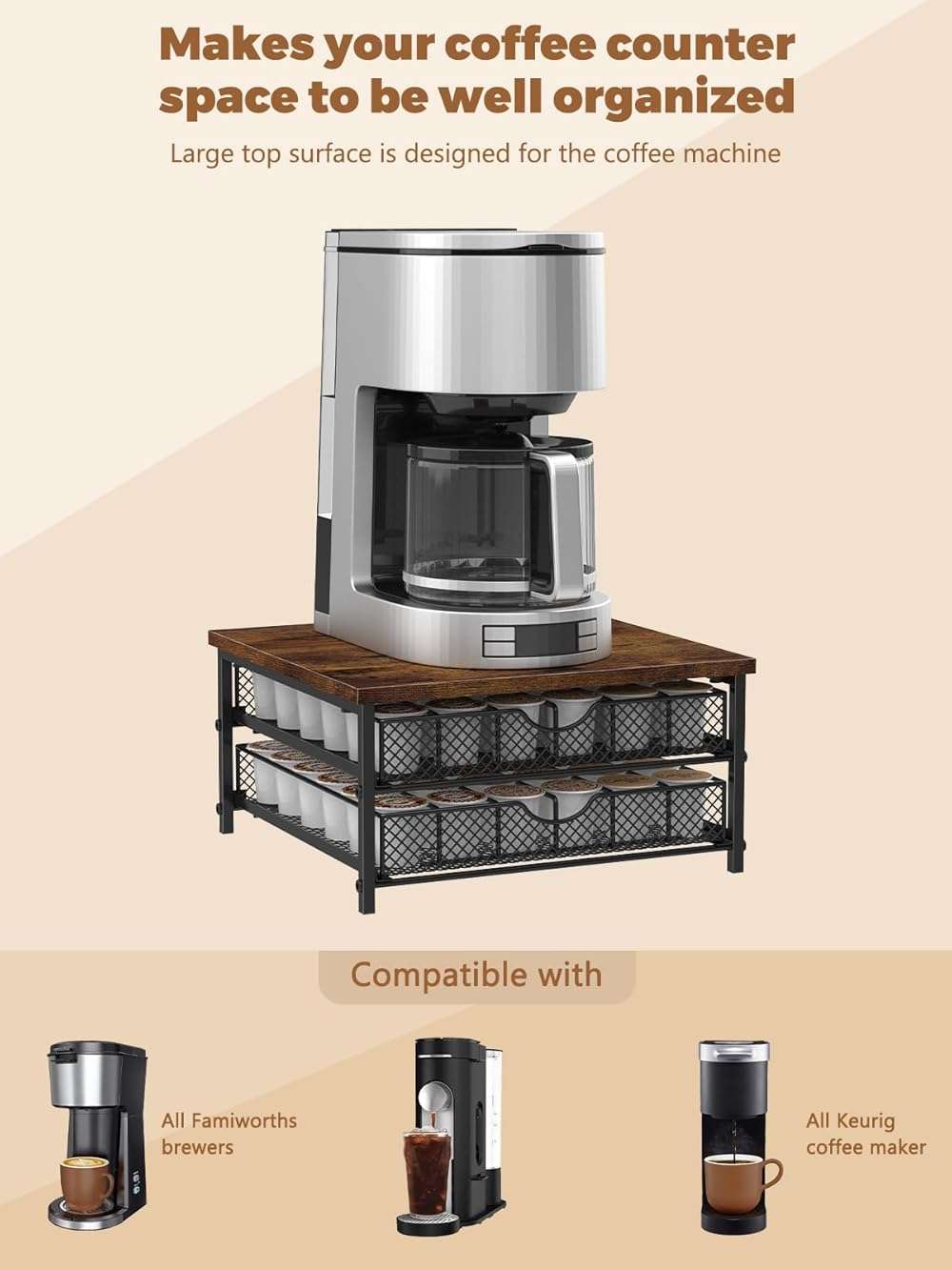 MOOACE Coffee Pod Holder for K Cup Holder Drawer Holder, Coffee Pod Drawer For Counter, 2 Tier K-Cup Storage With Sliding Baskets, 72 Capacity Pods Organizer Cups Capsule for Coffee Station, Black - Image 5