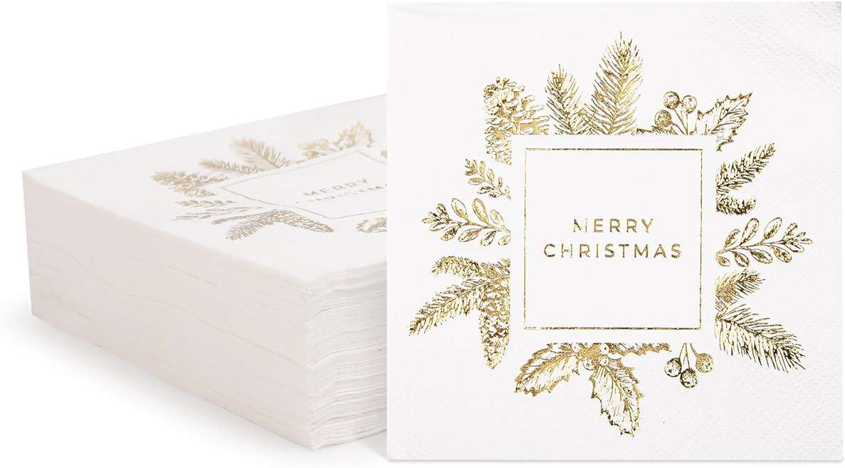 Livebe 100 Pack of Paper Cocktail Napkins with Gold design，Formal Dinner, Anniversary, Merry Christmas, Guestrooms, Restrooms(5 x 5 in，3-ply) (Gold MC) - Image 1