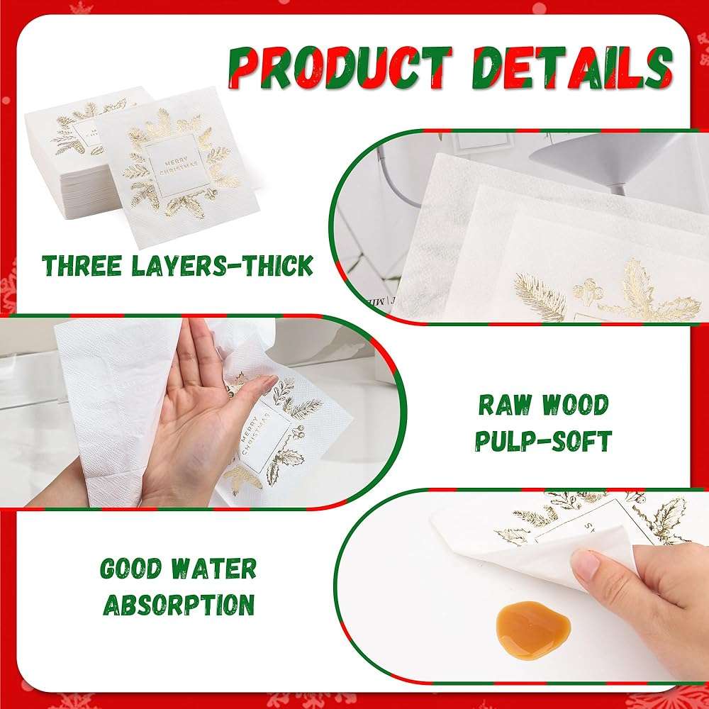 Livebe 100 Pack of Paper Cocktail Napkins with Gold design，Formal Dinner, Anniversary, Merry Christmas, Guestrooms, Restrooms(5 x 5 in，3-ply) (Gold MC) - Image 3