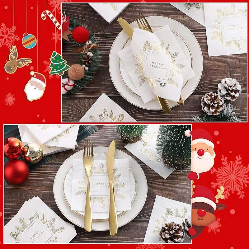 Livebe 100 Pack of Paper Cocktail Napkins with Gold design，Formal Dinner, Anniversary, Merry Christmas, Guestrooms, Restrooms(5 x 5 in，3-ply) (Gold MC) - Image 4