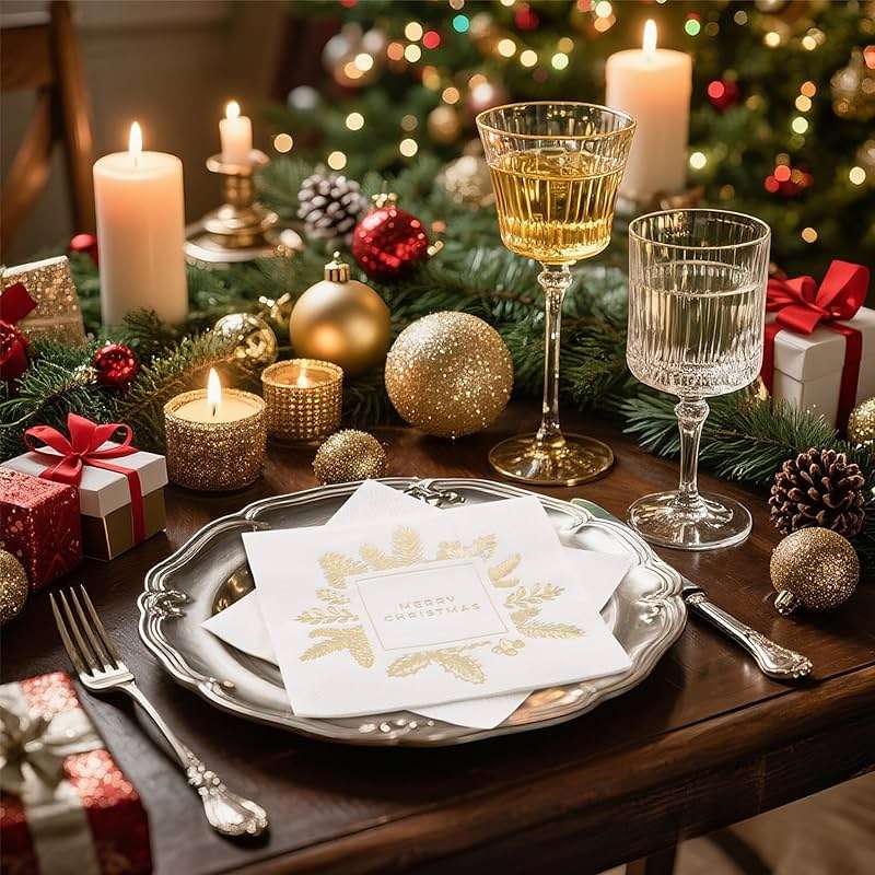 Livebe 100 Pack of Paper Cocktail Napkins with Gold design，Formal Dinner, Anniversary, Merry Christmas, Guestrooms, Restrooms(5 x 5 in，3-ply) (Gold MC) - Image 6