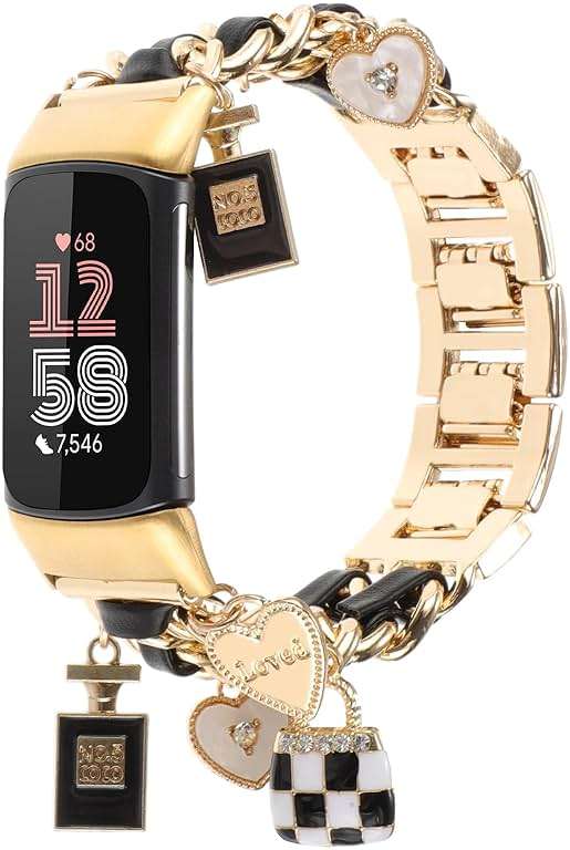 REALSIGN Stylish Metal Wristband Compatible with Fitbit Charge 6/Charge 5 Bands for Women,Cute Strap with Unique Love Cross Pendants Chain Charms Bracelet for Charge 5 6 Fitness Tracker - Image 2