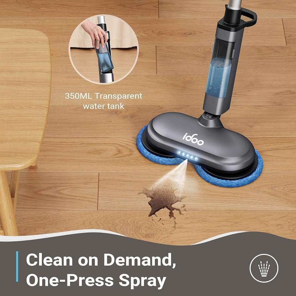iDOO Cordless Electric Mop, Rechargeable Spin Mop with Water Spray & LED Headlight, Quiet Self Propelled Floor Cleaner, Lightweight Floor Scrubber for All Floors - Image 2