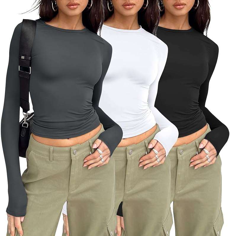 AUTOMET 3 Pack Womens Basic Crew Neck Long Sleeve Slim Fit Crop Tops - Image 1