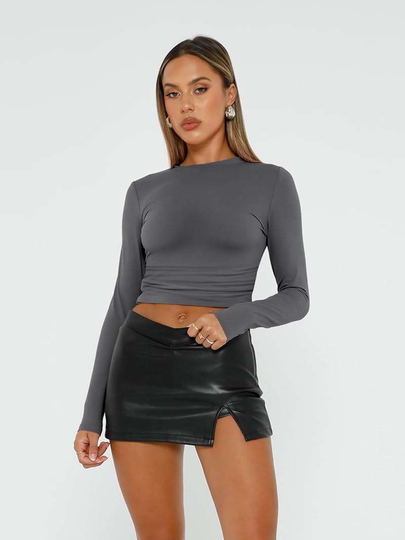 AUTOMET 3 Pack Womens Basic Crew Neck Long Sleeve Slim Fit Crop Tops - Image 2