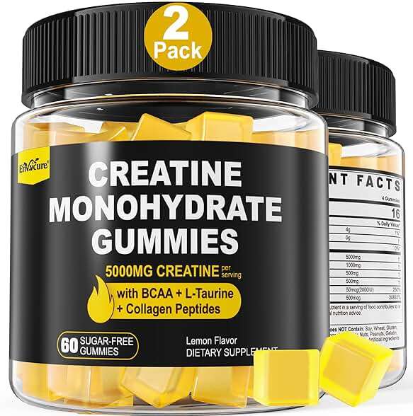 Creatine Monohydrate Gummies for Men & Women - with BCAA, Collagen Peptides, L-Taurine, Vitamin B12, D3, Chewables Creatine Monohydrate 5g Per Serving, Natural Lemon Flavor, Sugar Free, 2 Pack - Image 1