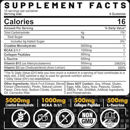 Creatine Monohydrate Gummies for Men & Women - with BCAA, Collagen Peptides, L-Taurine, Vitamin B12, D3, Chewables Creatine Monohydrate 5g Per Serving, Natural Lemon Flavor, Sugar Free, 2 Pack - Image 2