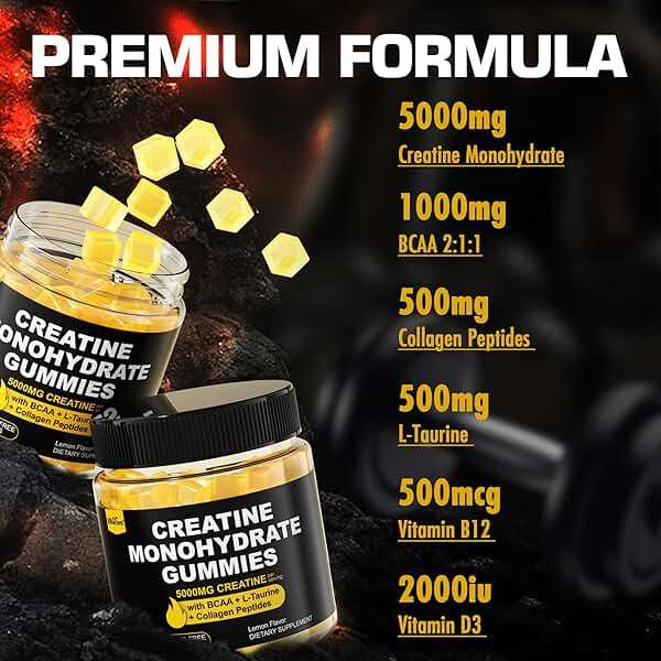 Creatine Monohydrate Gummies for Men & Women - with BCAA, Collagen Peptides, L-Taurine, Vitamin B12, D3, Chewables Creatine Monohydrate 5g Per Serving, Natural Lemon Flavor, Sugar Free, 2 Pack - Image 3