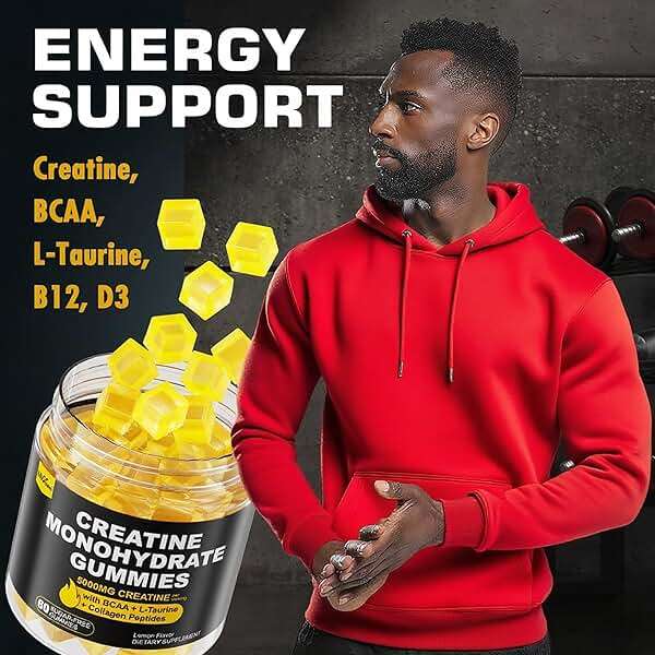 Creatine Monohydrate Gummies for Men & Women - with BCAA, Collagen Peptides, L-Taurine, Vitamin B12, D3, Chewables Creatine Monohydrate 5g Per Serving, Natural Lemon Flavor, Sugar Free, 2 Pack - Image 4