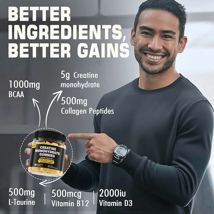 Creatine Monohydrate Gummies for Men & Women - with BCAA, Collagen Peptides, L-Taurine, Vitamin B12, D3, Chewables Creatine Monohydrate 5g Per Serving, Natural Lemon Flavor, Sugar Free, 2 Pack - Image 6
