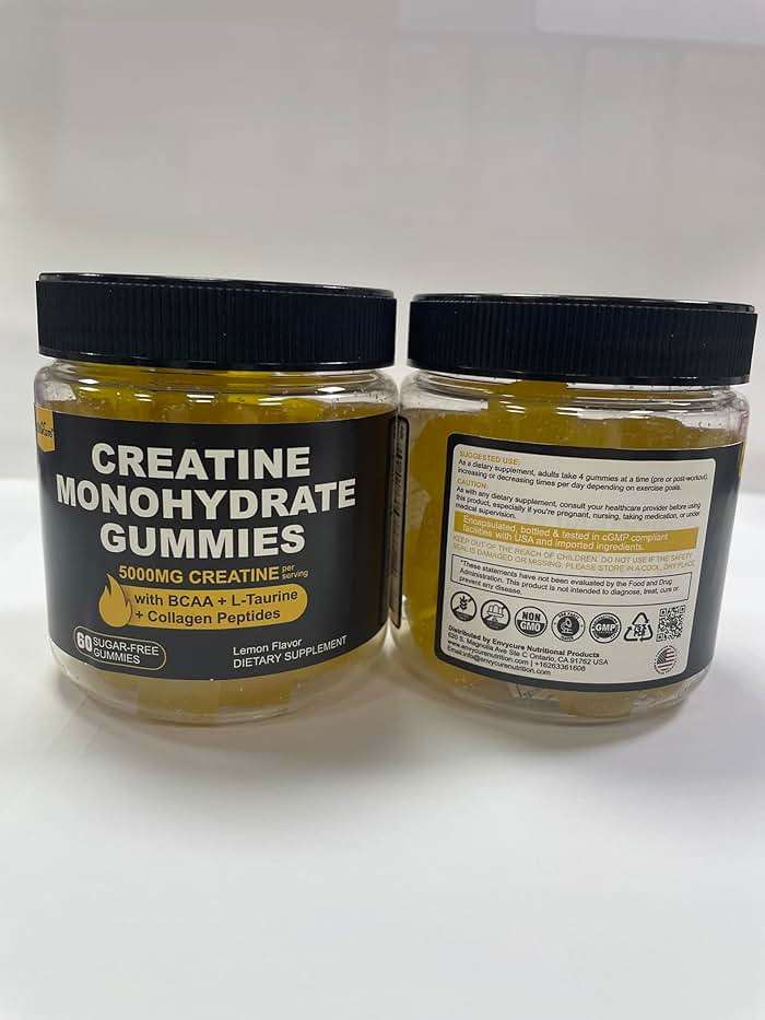 Creatine Monohydrate Gummies for Men & Women - with BCAA, Collagen Peptides, L-Taurine, Vitamin B12, D3, Chewables Creatine Monohydrate 5g Per Serving, Natural Lemon Flavor, Sugar Free, 2 Pack - Image 7