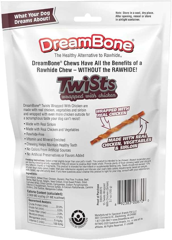 DreamBone Chicken Wrapped Sirloin Twist Stick Dog Treats, Daily Rawhide-Free Chew, Digests Safely and Completely, with Real Protein, Chicken, Sirloin and Veggies, 15 Count - Image 3