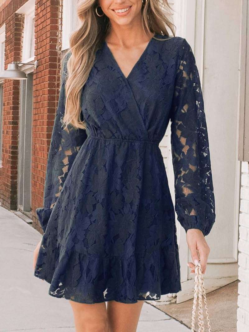 CUPSHE Women Elegant V Neck Lace Peasant Sleeve Mini Summer Dress Elastic High Waist A Line Casual Wedding Guest Dress - Image 2