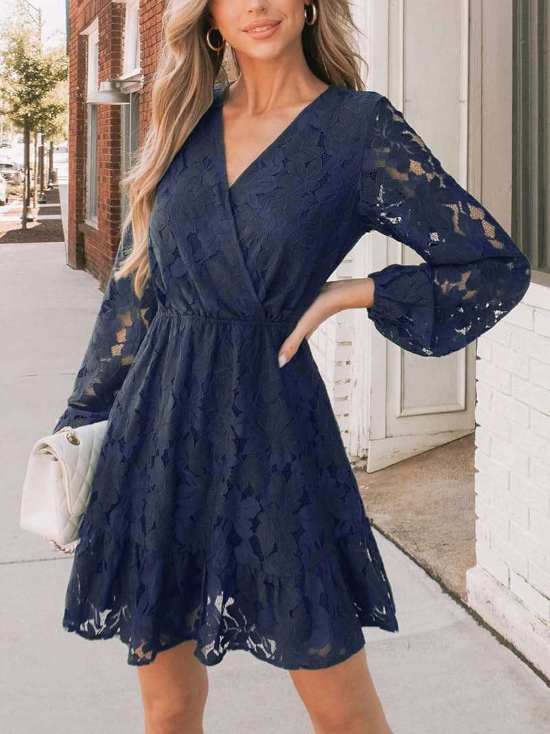 CUPSHE Women Elegant V Neck Lace Peasant Sleeve Mini Summer Dress Elastic High Waist A Line Casual Wedding Guest Dress - Image 5