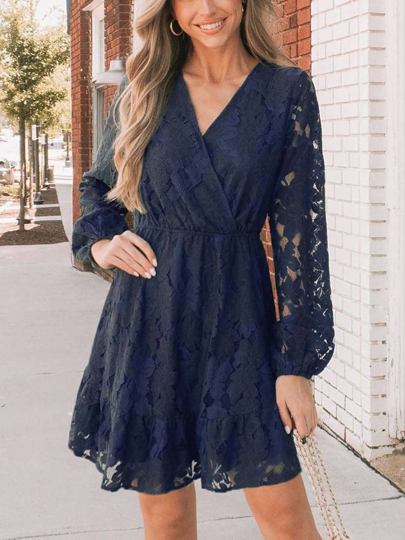 CUPSHE Women Elegant V Neck Lace Peasant Sleeve Mini Summer Dress Elastic High Waist A Line Casual Wedding Guest Dress - Image 6