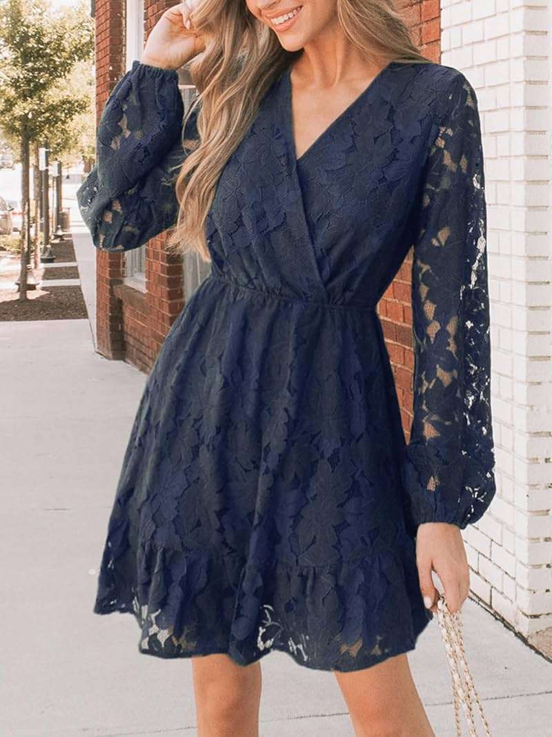 CUPSHE Women Elegant V Neck Lace Peasant Sleeve Mini Summer Dress Elastic High Waist A Line Casual Wedding Guest Dress - Image 7