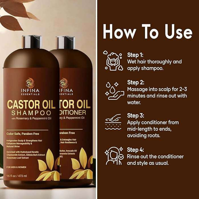 Castor Oil Shampoo and Conditioner Set for Hair Growth with Rosemary & Peppermint Oil - Cleanse Hair, Strengthen & Shine with Castor Shampoo and Conditioner - Anti-Hair Loss for Men & Women - 16 fl oz - Image 4