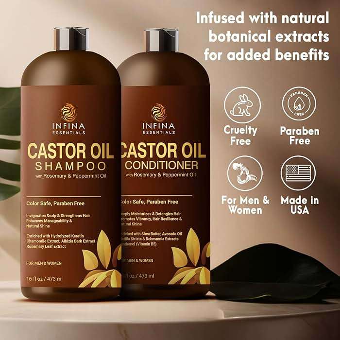 Castor Oil Shampoo and Conditioner Set for Hair Growth with Rosemary & Peppermint Oil - Cleanse Hair, Strengthen & Shine with Castor Shampoo and Conditioner - Anti-Hair Loss for Men & Women - 16 fl oz - Image 5