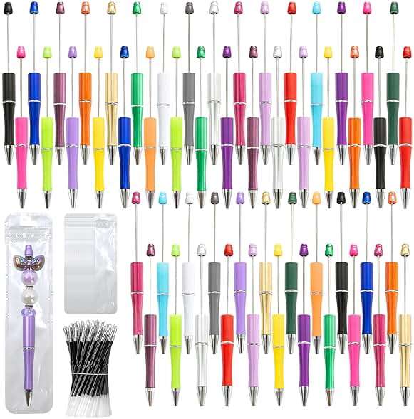 DASTTUIS 150 Pieces DIY Beadable Pen Kit – 50 Plastic Ballpoint Pens with Refills & Bags, Beads Not Included – School Supplies, Office Accessories & Craft Gifts for Students & Teachers (Multicolor) - Image 1