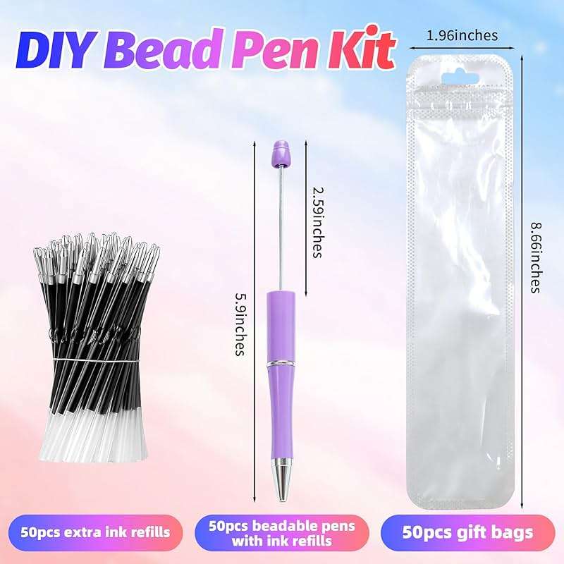 DASTTUIS 150 Pieces DIY Beadable Pen Kit – 50 Plastic Ballpoint Pens with Refills & Bags, Beads Not Included – School Supplies, Office Accessories & Craft Gifts for Students & Teachers (Multicolor) - Image 3